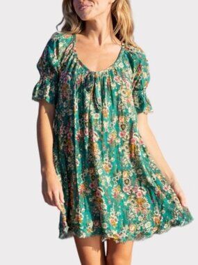 Natural Life Sienna Mini Dress  - XS/S - Green Floral 100% Cotton Gauze Boho